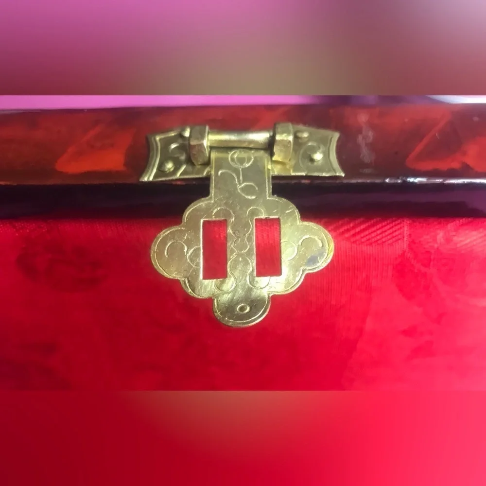 Brown Lacquer with Gold Latch and Mother of Pearl Shadow Box Top Red Inside